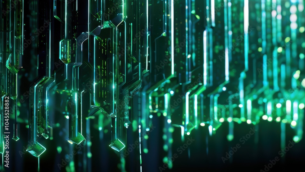 Poster abstract digital design with green circuit-like patterns and glowing elements.