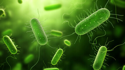 Green Escherichia coli bacteria E. coli floating freely under a microscope view
