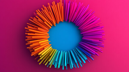 Vibrant circular design featuring colored spikes radiating from the center against a bright pink background, showcasing creativity and energy.