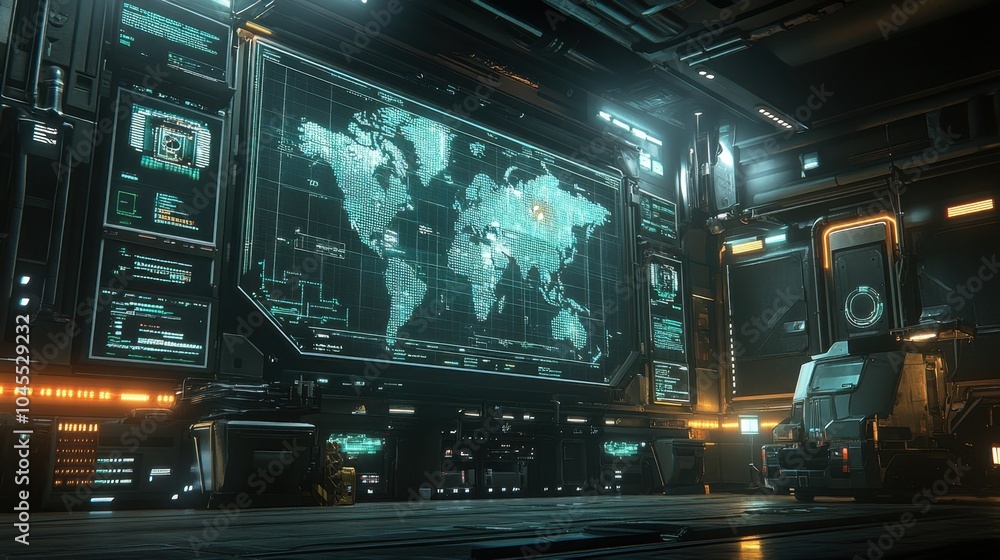 Poster a large screen in a dispatch room tracking live logistics data and vehicle movements across global r