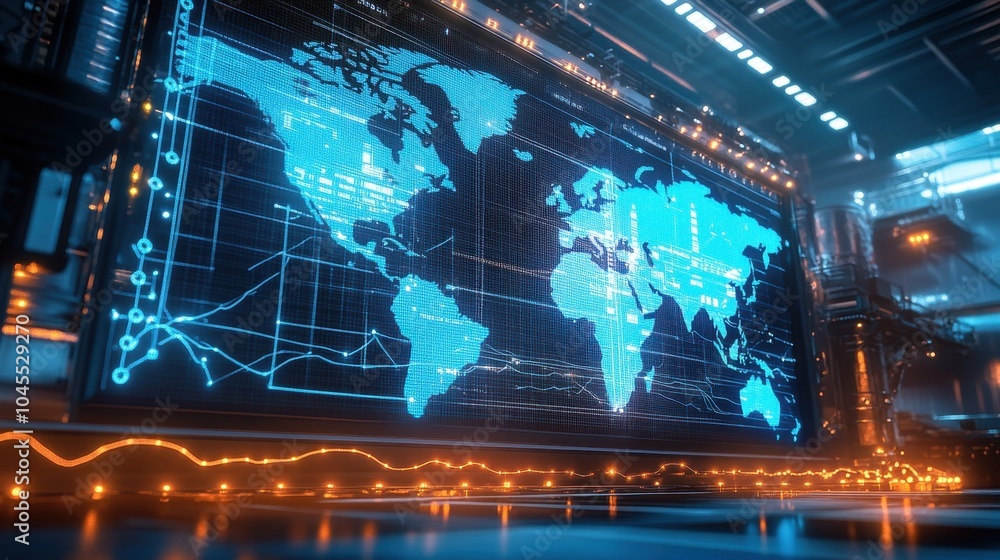 Poster a large screen in a dispatch room tracking live logistics data and vehicle movements across global r