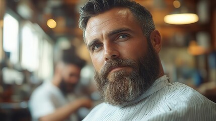 in a vibrant barbershop a bearded man receives a stylish haircut from a skilled barber capturing a moment of personal grooming and camaraderie in a lively atmosphere