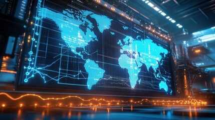 A large screen in a dispatch room tracking live logistics data and vehicle movements across global routes.