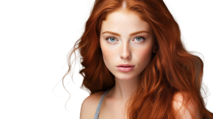 Naturally beautiful red head portrait girl on transparent background PNG.
