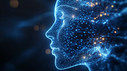 abstract blue digital face with bokeh lights