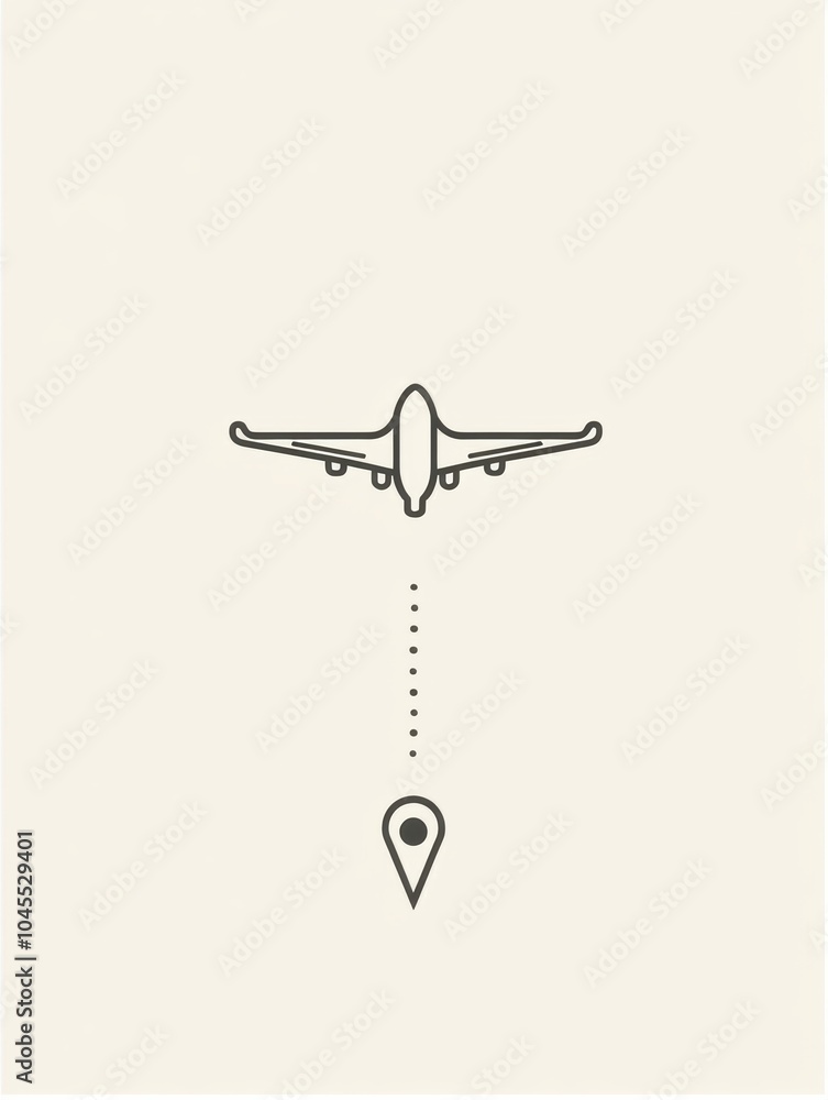 Poster an airplane icon flies toward a simple pin symbol, illustrating the journey to various travel destin