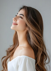 Elegant Iranian Woman with Flowing Hair and Confident Smile in Studio