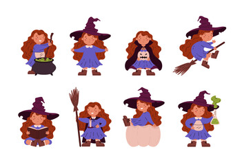 A set of vector illustrations for Halloween with a little witch girl in a hat