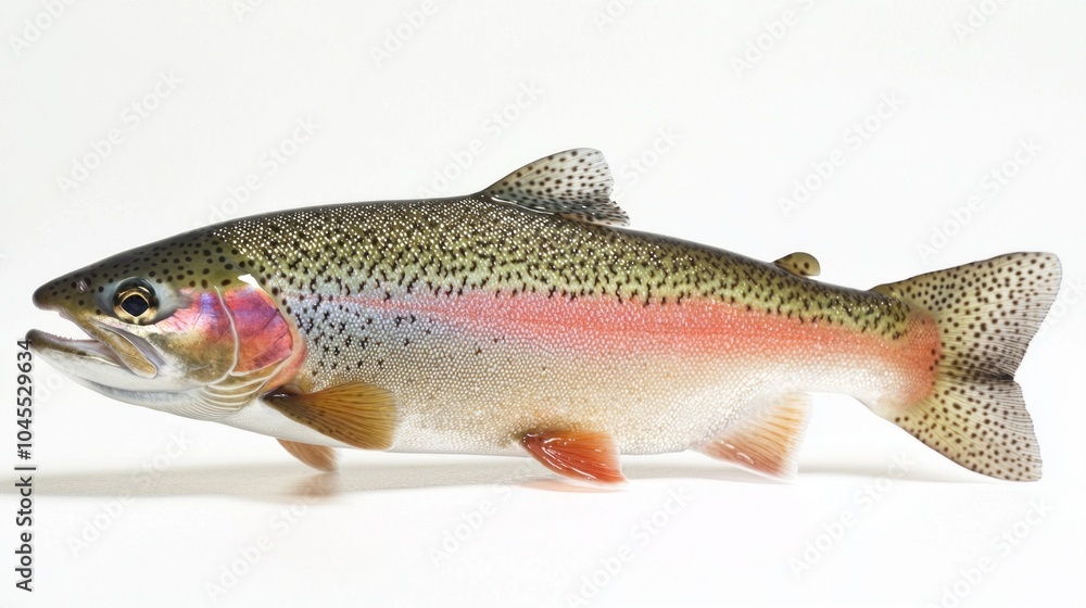Poster rainbow trout recognized for its vibrant colors and distinct patterns is presented against a plain w