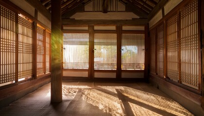 Sunlight reflected between the windows of a hanok house