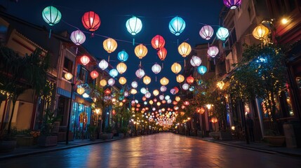 Colorful Lanterns Illuminate Night Street Scene