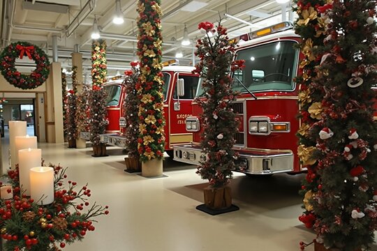 Festive fire station: christmas decor with fire engines and candlelight ambience.