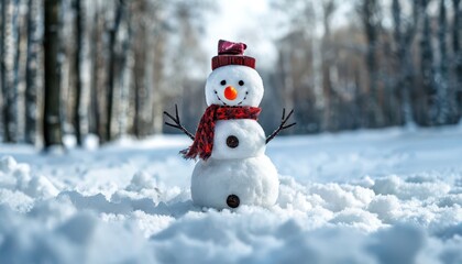 Obraz premium Little snowman in a cap and a scarf on snow in the winter. Christmas card with a lovely snowman