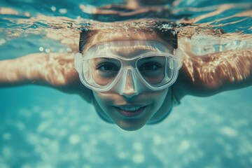 Fototapeta premium A woman wearing goggles swims in a pool