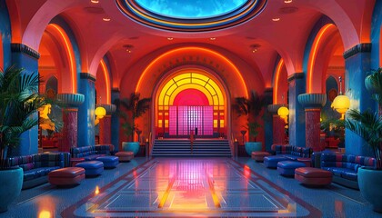 Fototapeta premium Art Deco Hotel Lobby, the elegance of an Art Deco-inspired hotel lobby with towering columns, intricate floor patterns, lavish chandeliers.