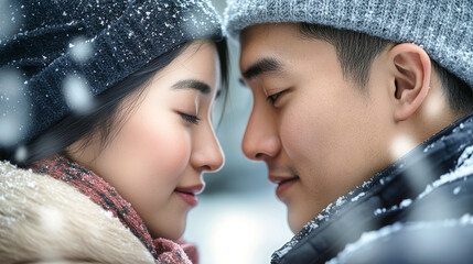Obraz premium A tender moment of love between an Asian couple outdoors in the snow, sharing an intimate gaze filled with warmth and affection on a winter day