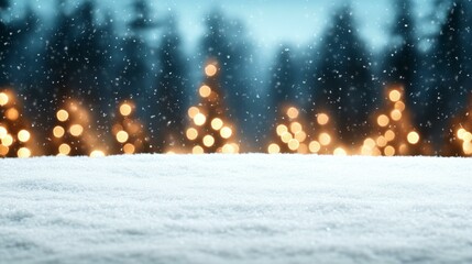 Snowy scene with blurred trees and lights