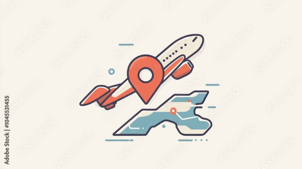 Poster a vibrant airplane icon approaches a map pin, symbolizing adventurous travel to exciting destination