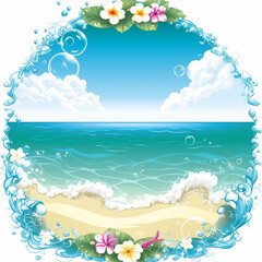 A blue ocean with a white flower and a pink flower in the middle