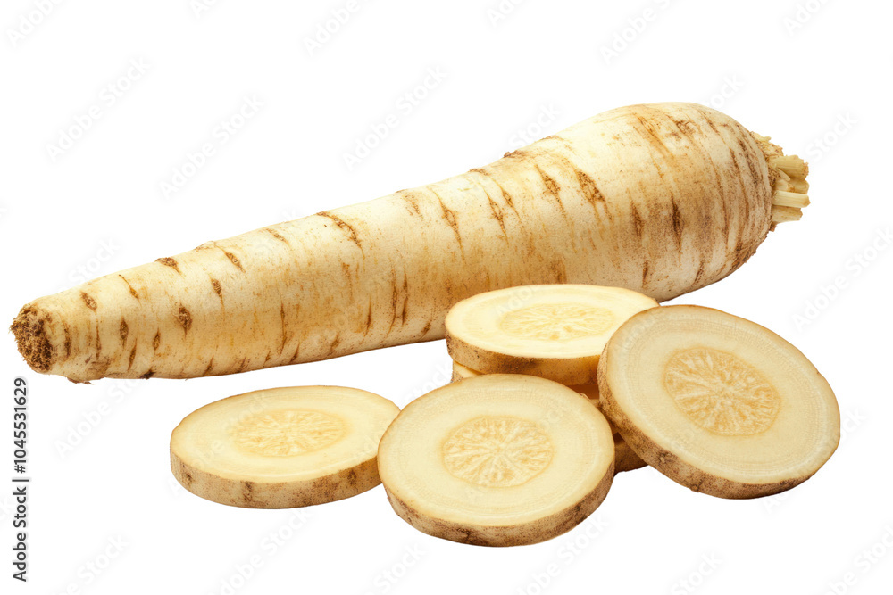 Aufkleber a whole parsnip root lying beside several circular slices, highlighting the contrast between the ear