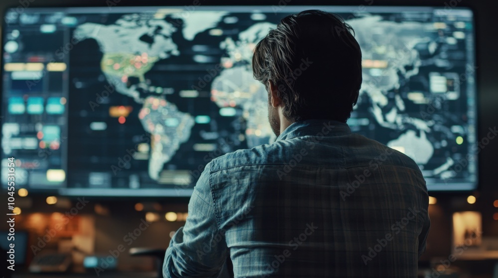 Poster a logistics dispatch room with a large tracking screen showing vehicles moving on global routes.