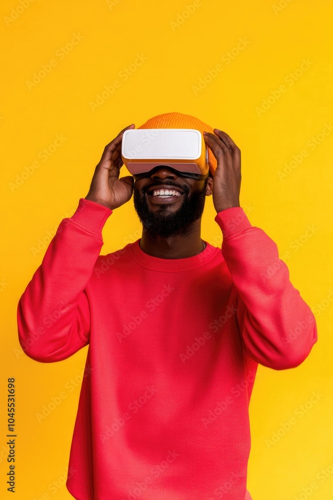Poster a person wearing a red sweater holds a virtual reality device, ready for an immersive experience