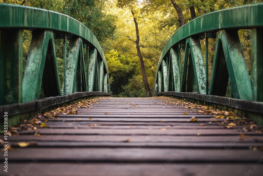 Poster a wooden bridge spanning a river with lush greenery and trees in the background