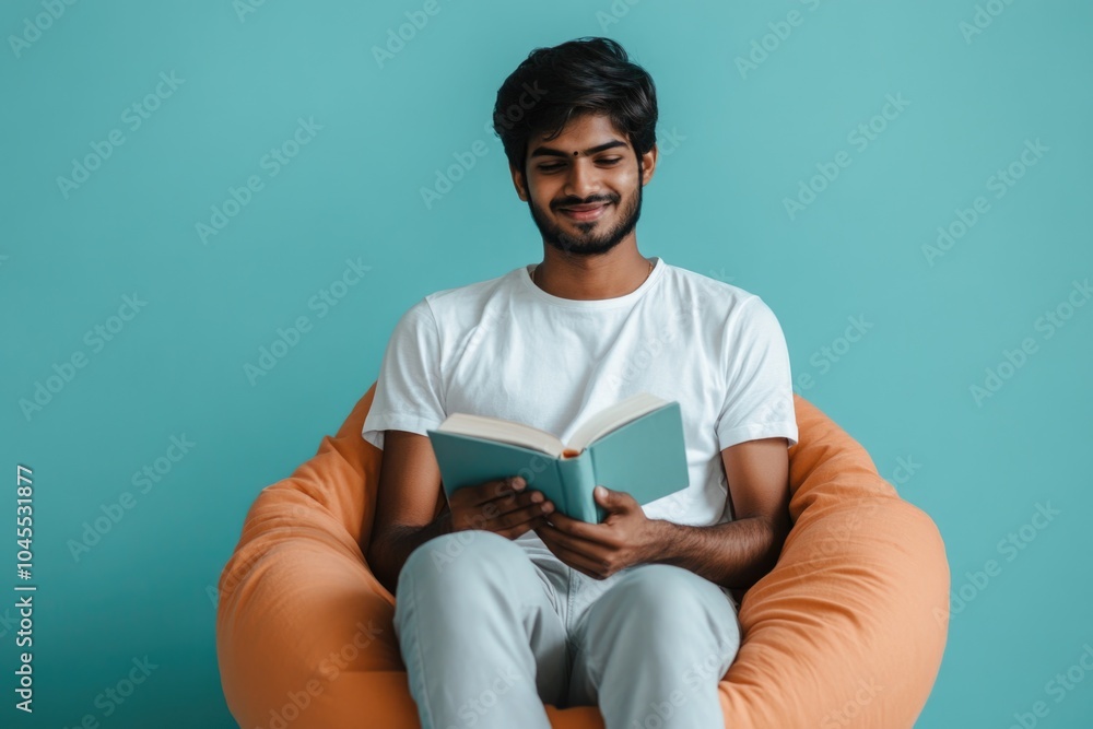 Poster a person relaxing in a comfortable bean bag while reading a book, perfect for a leisurely day