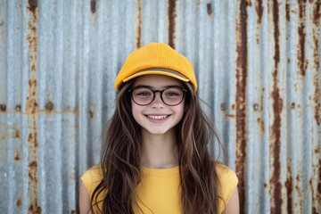 A young girl wearing a yellow hat and glasses, casual outdoor setting