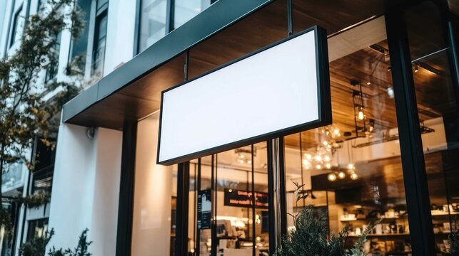 Blank hanging sign mockup above a modern retail store entrance