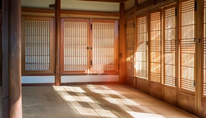 Sunlight reflected between the windows of a hanok house