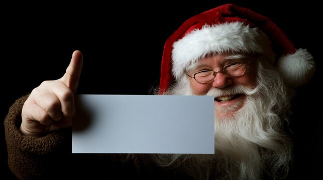 Santa Claus smiles and points to a blank card, ready for your message.