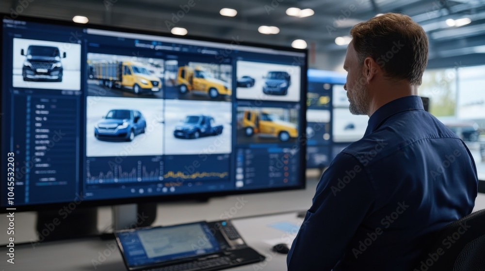 Aufkleber a logistics room with a large tracking screen showing vehicle movements and dispatch operations in r