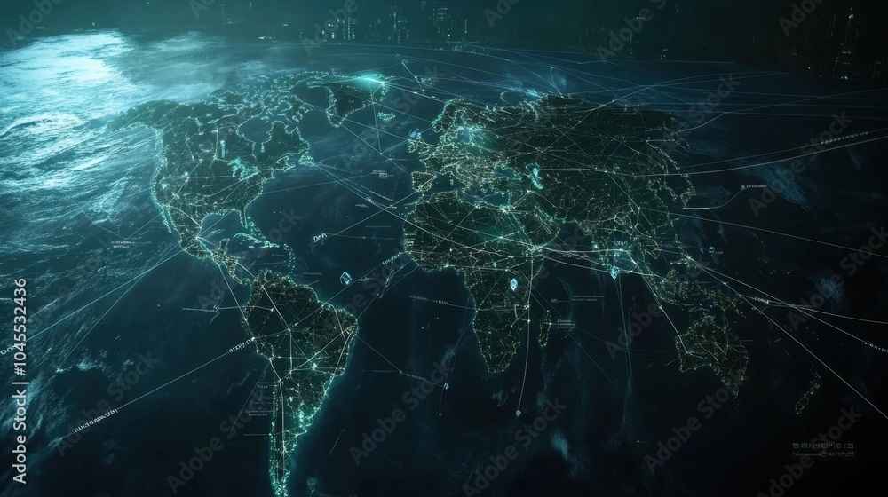 Aufkleber a modern world map with digital lines connecting key trade hubs across oceans and borders.