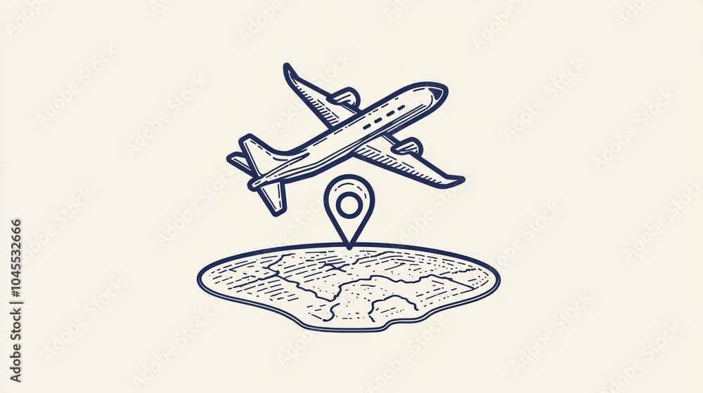 Aufkleber an airplane icon ascends toward a map pin, representing various travel destinations and the joy of e