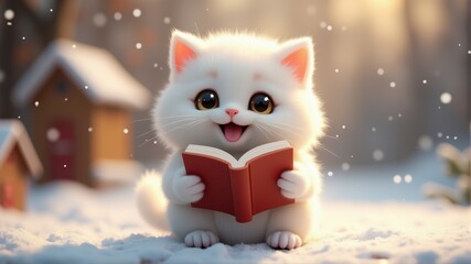 A fluffy white kitten joyfully reads a red book amidst a snowy winter backdrop, surrounded by softly falling snowflakes.