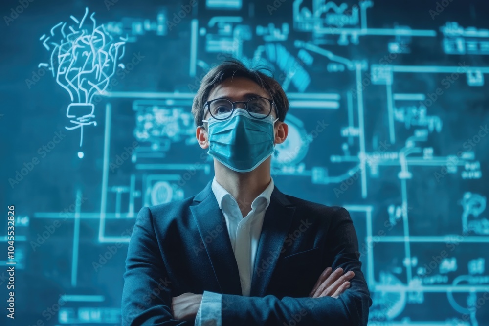 Poster a person wearing a face mask stands in front of a blackboard, likely in an educational setting