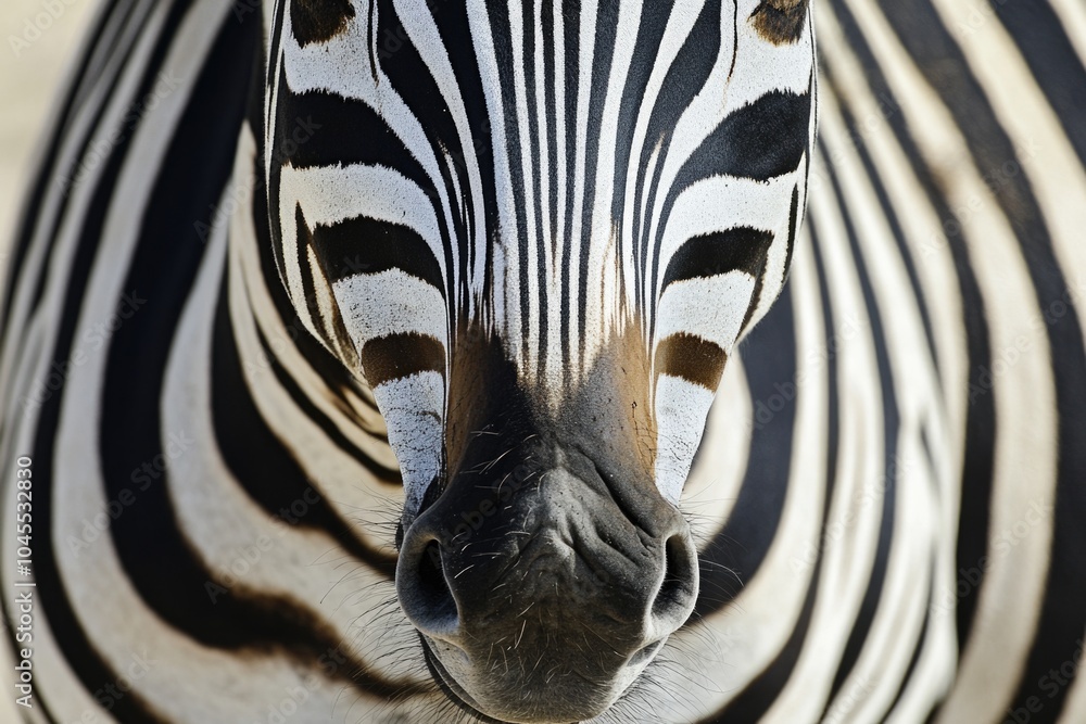 Poster a close-up view of a zebra's face with a blurred background