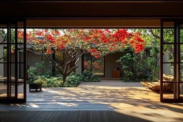 Fototapeta premium Interior View of a Modern Home with Sliding Doors Leading to a Tranquil Courtyard with a Blooming Tree
