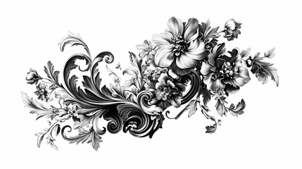 Elegant floral swirls on white background, black and white illustration, vines, flowers, ornate, floral design, decorative. Gothic Calligraphy. Illustration
