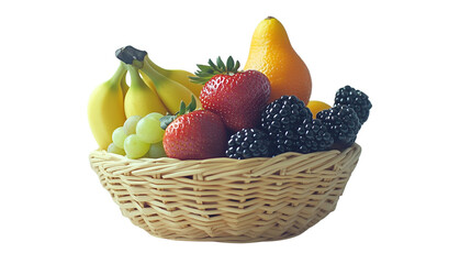 Beautifully arranged fruit basket with mixed fruits: bananas, berries, grapes, and oranges