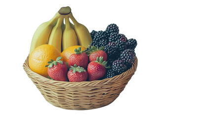 Arranged fruit basket featuring bananas, strawberries, and citrus fruits