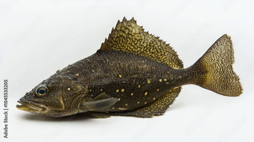 Poster turbot a flatfish known for its unique shape and coloration is displayed prominently against a white