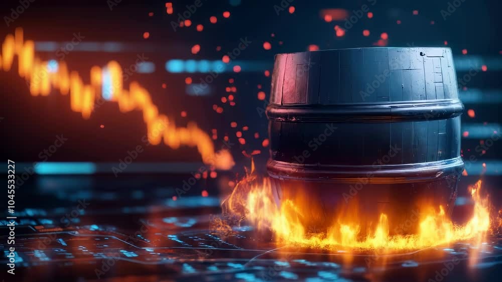 Poster barrel engulfed in flames dramatic display of digital data and technology highlighting volatility in