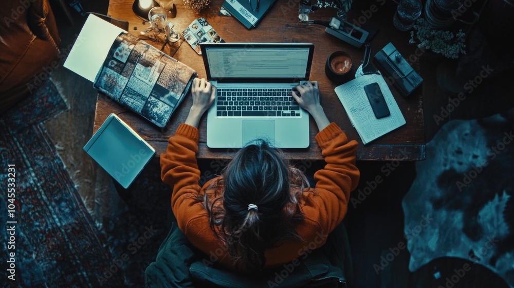 Poster a person working on their computer, possibly in a home office setting