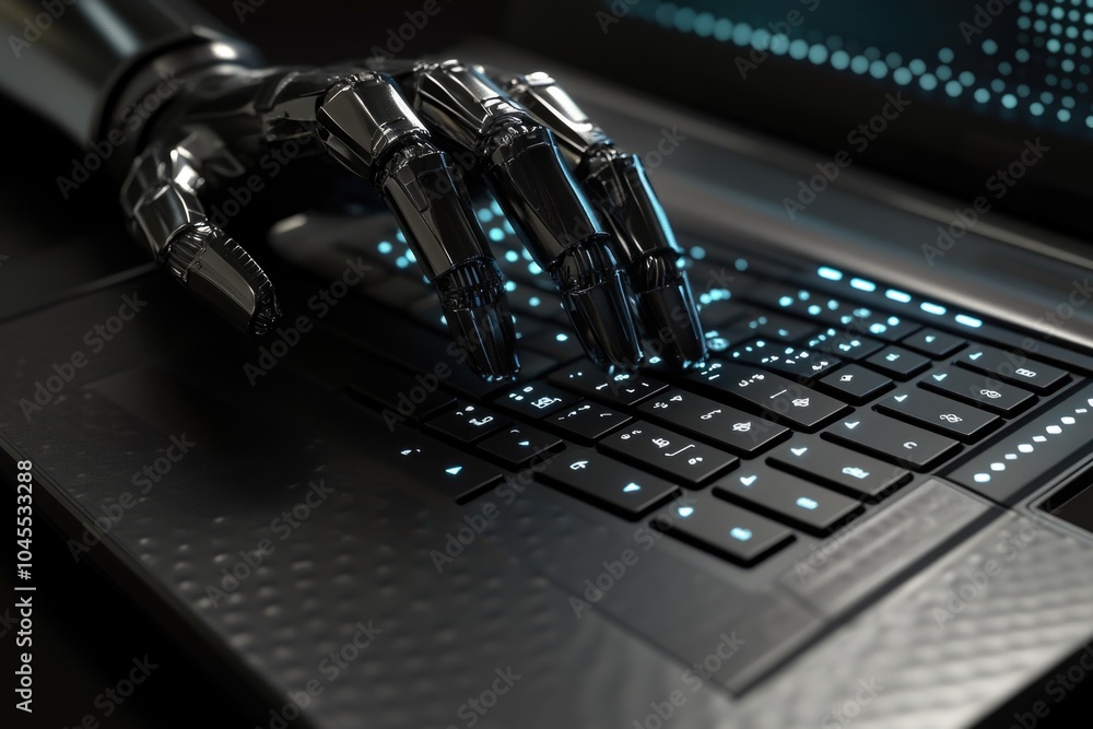Aufkleber A robotic hand types on a laptop keyboard with precision and speed