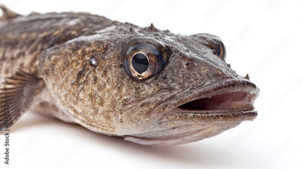 Poster wolf fish anarhichas lupus displayed prominently on a white background highlighting its distinct fea