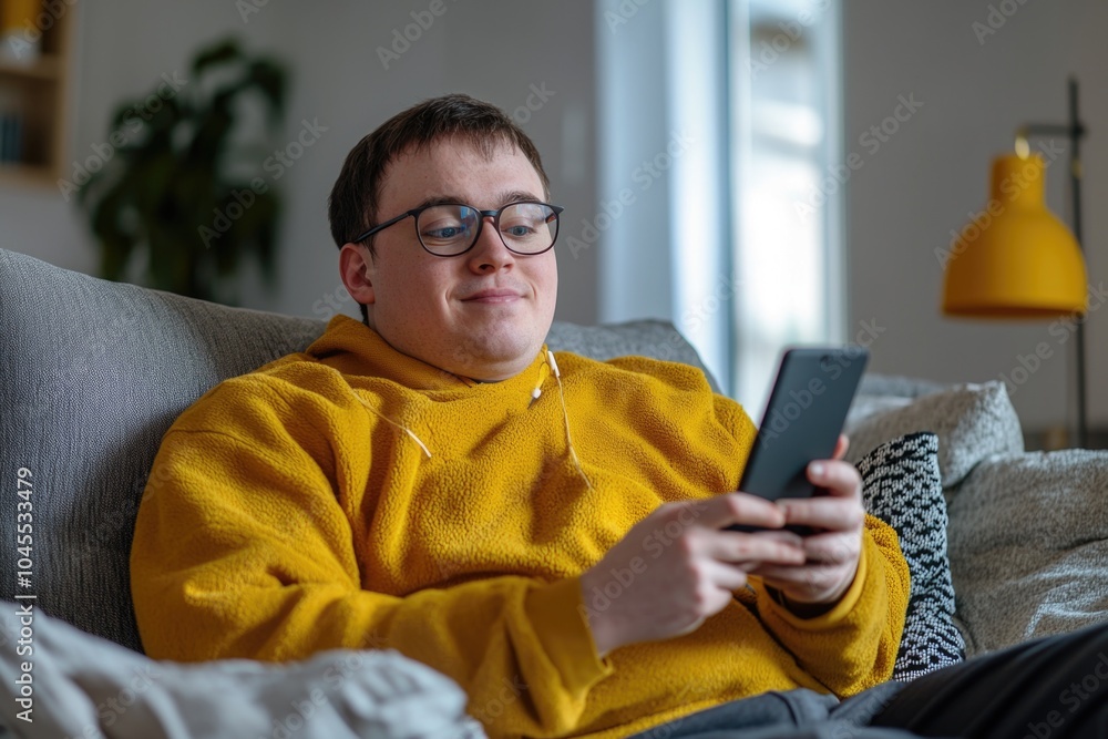Poster A person sitting on a sofa holding a smartphone, possibly checking messages or browsing the internet