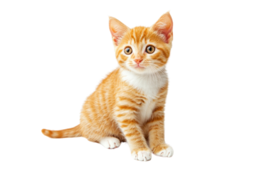 A playful ginger kitten with a patch of white on its chest is seated, gazing intently at the camera. Its big, round eyes and tiny paws add to its charm,