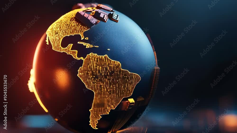 Poster illuminated digital globe of americas futuristic map showcasing global technology and connection on 